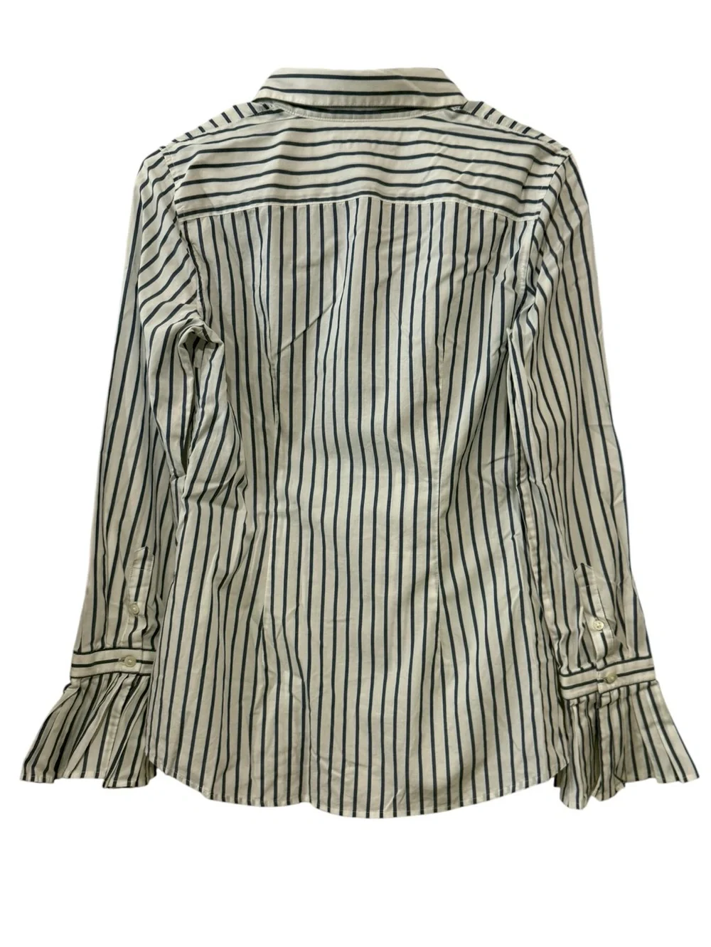 Banana Republic 2 Blue White Stripe Ruffle Cuff Button Shirt Cotton Stretch